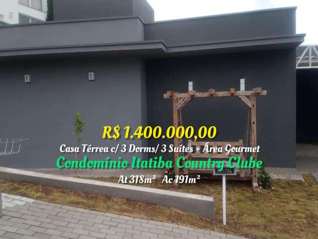 Casa térrea c/ 310m² /3 dorms / 3 suítes +área gourmet e piscina-cond. country clube - itatiba/sp