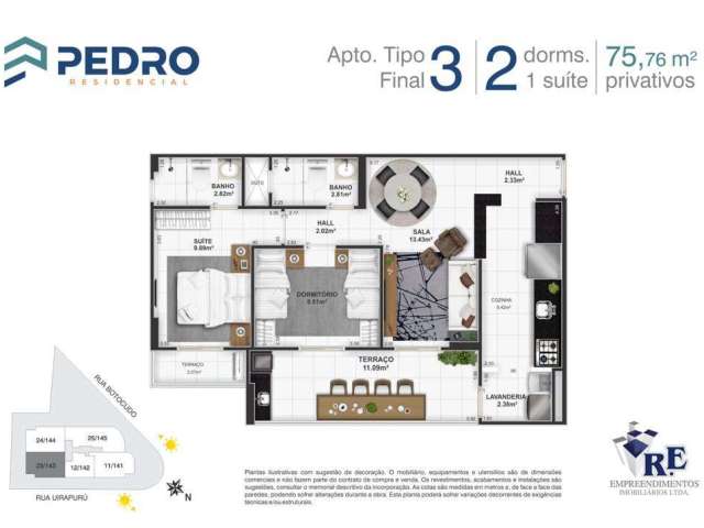 Apto de 2 dorm c/1 SUÍTE, SACADA GOURMET, 76 m² de área útil. Bairro: Tupi.