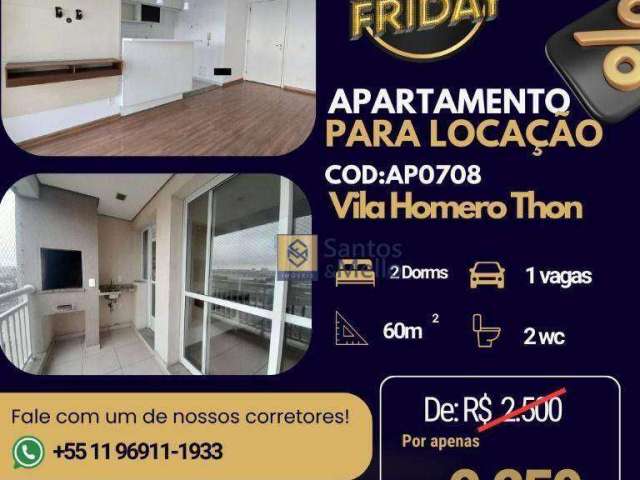 Apartamento com 2 dormitórios para alugar, 60 m² por R$ 2.883,25/mês - Vila Homero Thon - Santo André/SP