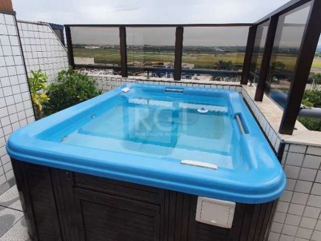 Linda Cobertura com Jacuzzi de Frente com 2 dormitórios, suíte, sacada integrada, living amplo, decorada, ótimo acabamento, cozinha mobiliada, área de serviço, água quente, banheiro social, parte supe