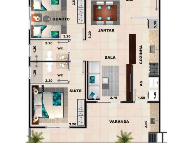 Unidade 1° andar - Apto 2dorm/1suíte 61,80m² - Itaguá - Ubatuba-SP