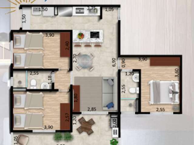 Unidade 1º andar - Apto 3dorm/1Suíte - 82,67m² - Massaguaçu - Caraguatatuba-SP