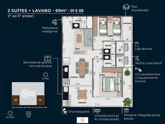 Unidade 1º Andar -2dorm/2suítes -69,00m²- Itaguá- Ubatuba-SP