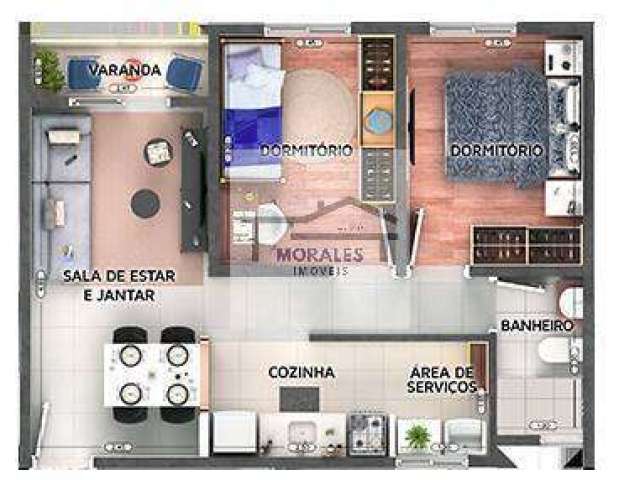 Apartamento com 2 dormitórios e uma vaga de garagem