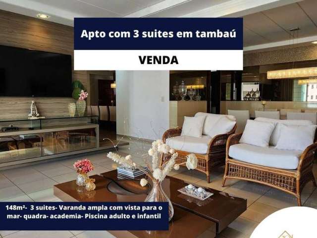 Apto com vista mar, sendo 3 suites, posição nascente sul- Tambaú