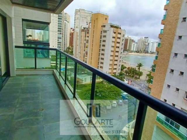 Apartamento alto padrão com 3 dormitórios sendo 1 suíte + dormitório de serviço, lazer no condomínio e vista lateral do mar na praia da Pitangueiras-Guarujá/SP.