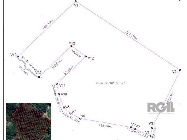 Propriedade com uma área de 66.981,76m2 ou 6,69 ha, localizada no bairro Belém Velho e posicionada entre a avenida Oscar Pereira e a Estrada Afonso Loureiro Mariante.  Vegetação predominante de eucali