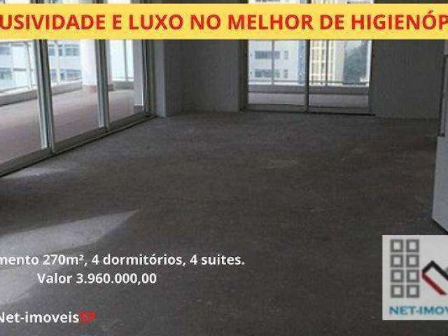 APARTAMENTO 4 DORMITÓRIOS (270m²), 4 SUÍTES, 4 VAGAS, TERRAÇO GOURMET. ALTÍSSIMO PADRÃO EM HIGIENÓPOLIS