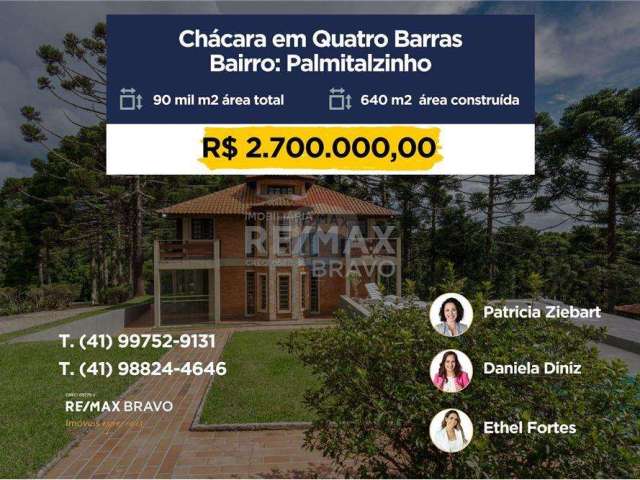 Chácara à venda, 90.000m² , área de lazer, 4 quartos(1 suite), Quatro Barras - PR