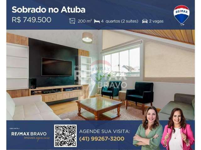 Sobrado triplex, 4 quartos (2 suítes), 3 vagas cobertas, à venda no Atuba - Curitiba/PR