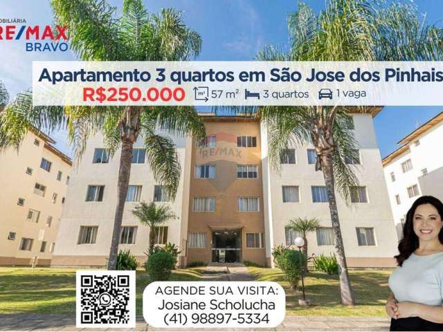 Apartamento à venda, 3 quartos, 1 banheiro, 1 vaga, 57 m², no bairro Iná em São José dos Pinhais/PR