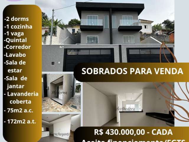 Sobrado para venda, nunca habitado, 2 dorms, sacada, quintal, 1 vaga, 430 mil, Prq. Paraíso (Polvilho), Cajamar/SP