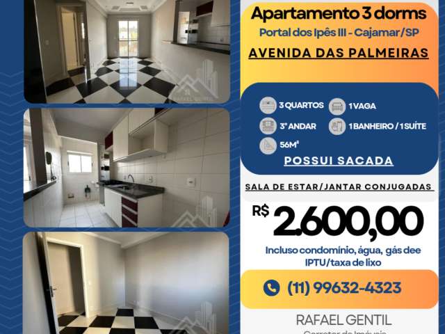 Apto para alugar, 3 dorms, suíte, sacada, 3° andar, 56m², 1 vaga, em Portais II, Cajamar/SP