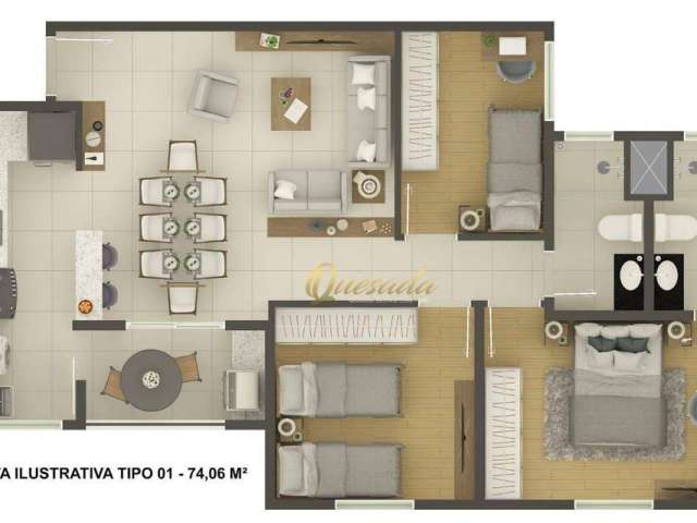 Apartamento de 74,06 m² à venda, 3 quartos, 1 suíte, Condomínio Manai Residence, Indaiatuba.