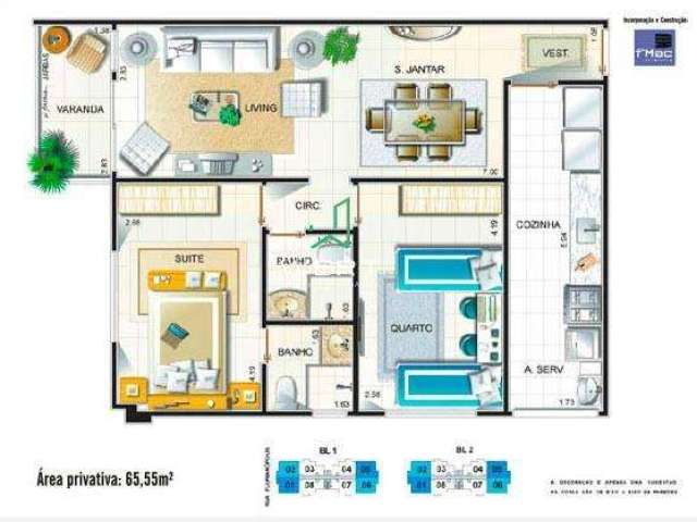 Apartamento para Locação de 2 quartos sendo 1 suíte, 65m².