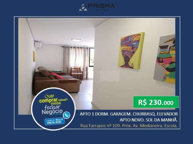 Apartamento de 1 dormitório, garagem, Churrasq. Elevador