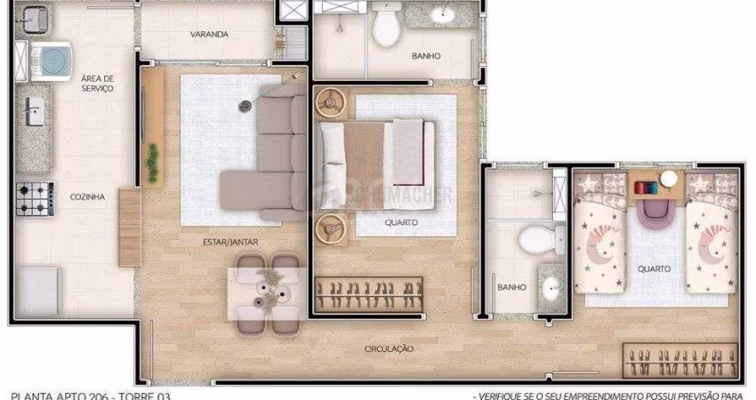 Apartamento para Venda - 56.77m², 2 dormitórios, sendo 1 suites, 1 vaga - Camaquã