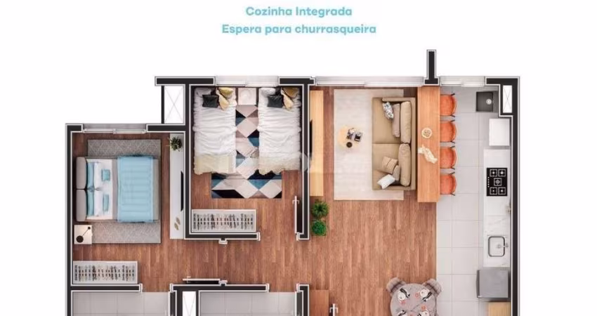 Apartamento de 2 dormitórios, suíte e espera para churrasqueira ou lareira.