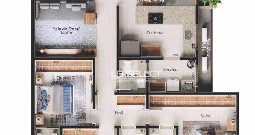 Apartamento com três quartos, uma suíte, varanda gourmet e duas vagas de garagem.