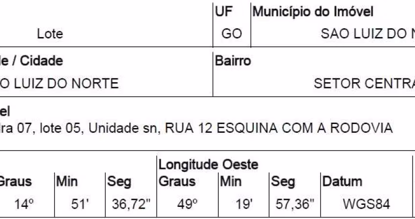 Oportunidade Única em SAO LUIZ DO NORTE - GO | Tipo: Terreno | Negociação: Venda Direta Online  | Situação: Imóvel